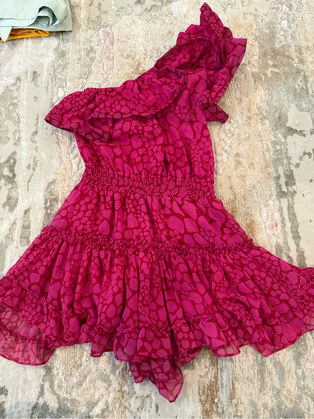 Misa Los Angeles One-Shoulder Ruffled Mini Dress in Magenta Pink Pattern